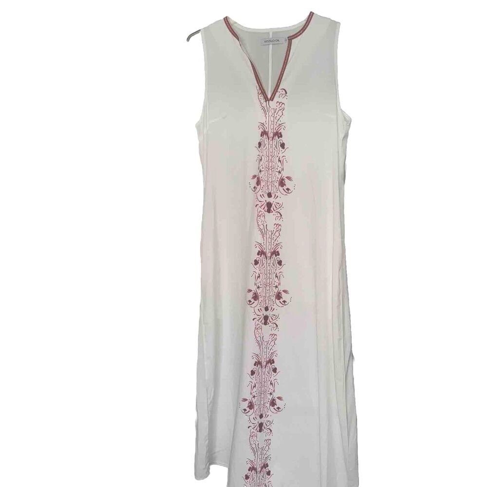Misslook White Long Dress Crimson Red White Maxi Floral Center Sleeveless Size L